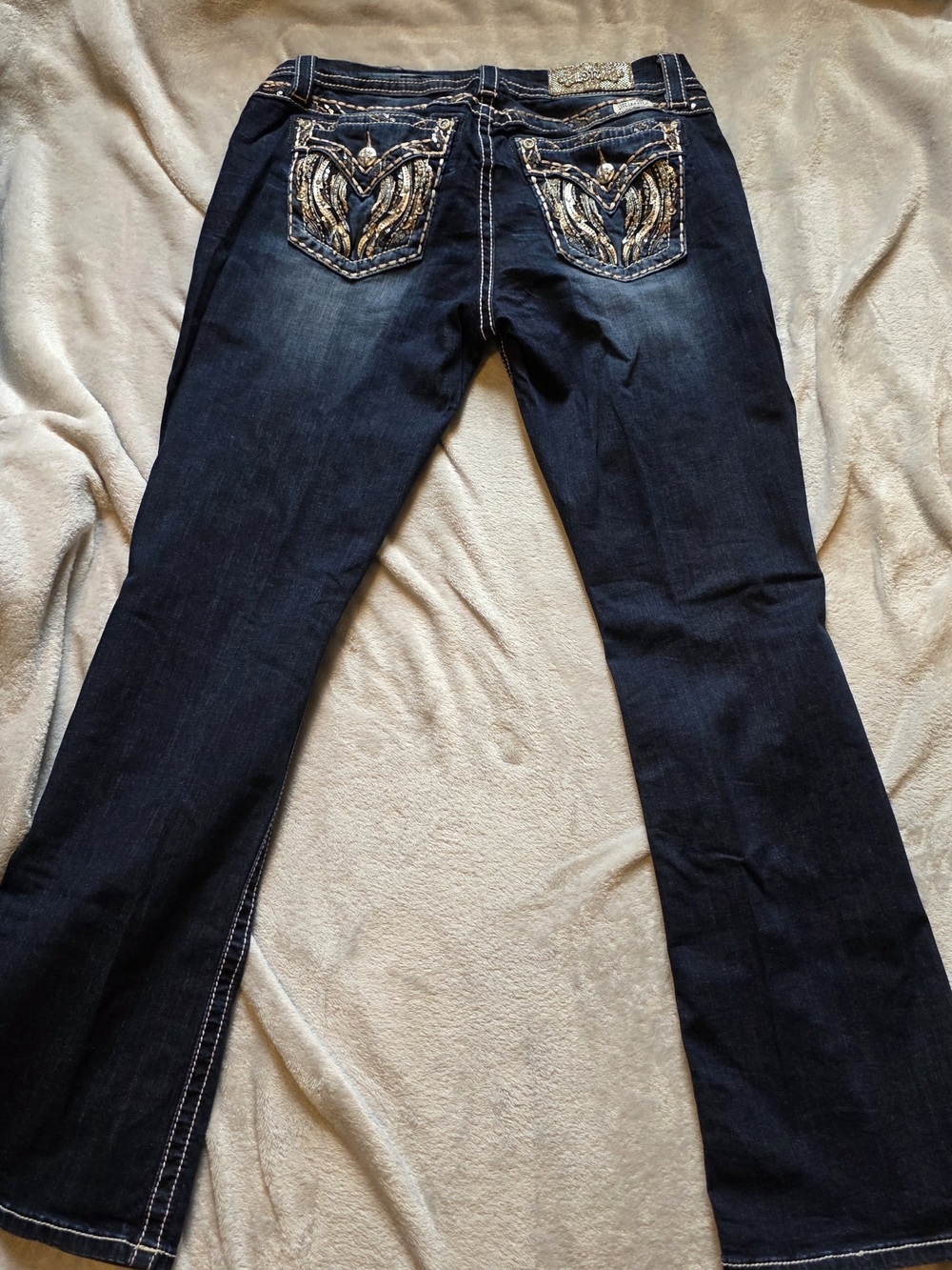 Miss Me Dark Blue Bootcut Jeans with Embroidered Back Pockets Like New